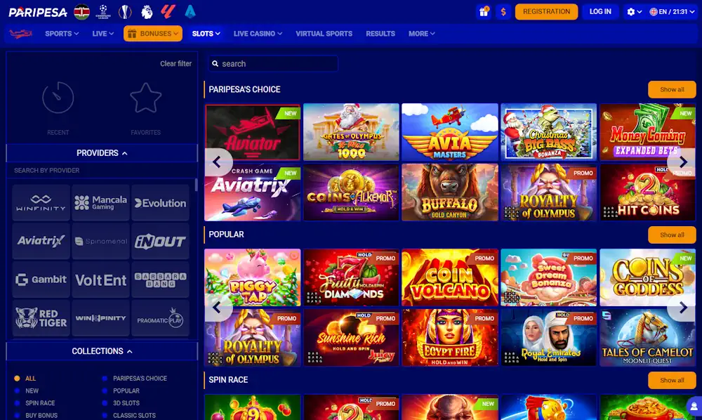 Paripesa Casino Games Screenshot
